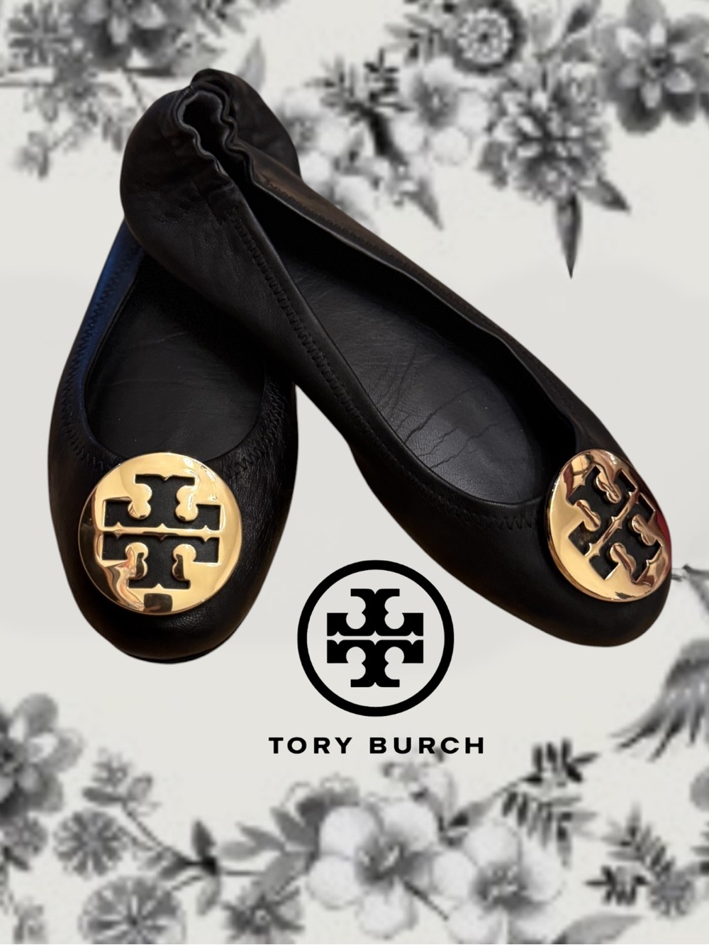 Tory Burch Minnie Travel Ballet Flats Black Gold Logo Size 7.5